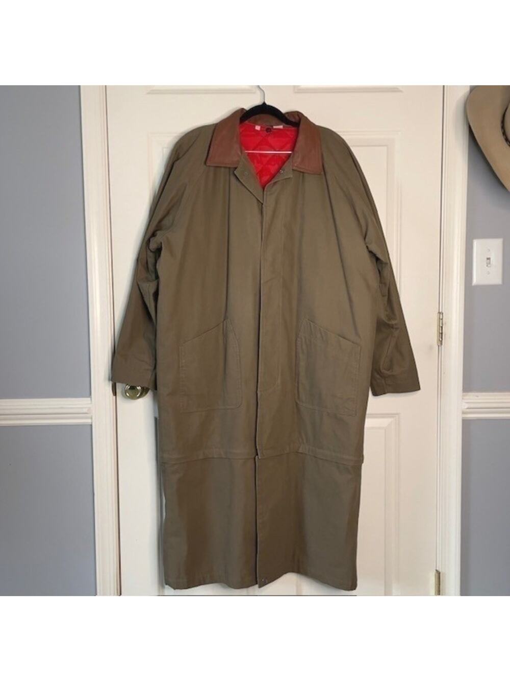 Vintage Field Coat Utility Long Trench Coat Liner Leather Collar Large Heritage